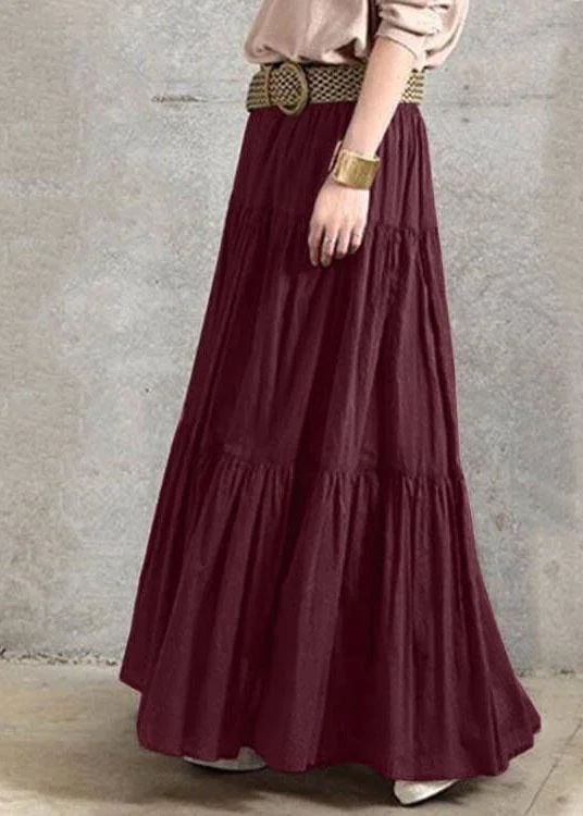 Solid Color Big Swing Elastic Waist Pleated Casual Long Skirt For Women silk skirt lustrous