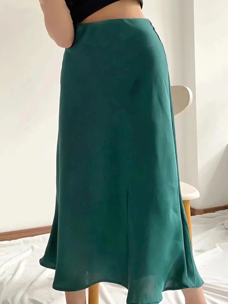 Solid Satin Elastic Waist Summer Slim A-Line Skirt corduroy skirt durable