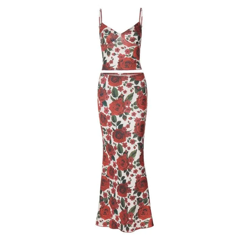 V neck backless flower print cami maxi skirt set seamless skirt comfort