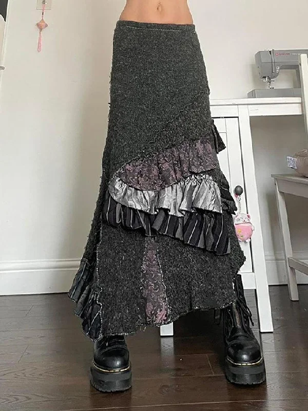 Vintage Contrast Patchwork Asymmetrical Midi Skirt chiffon skirt lightweight