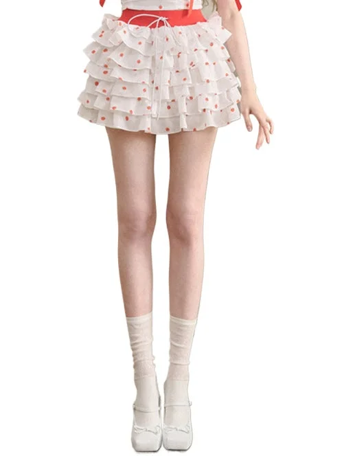 White Tomato Print Layered Skirt belted skirt waist