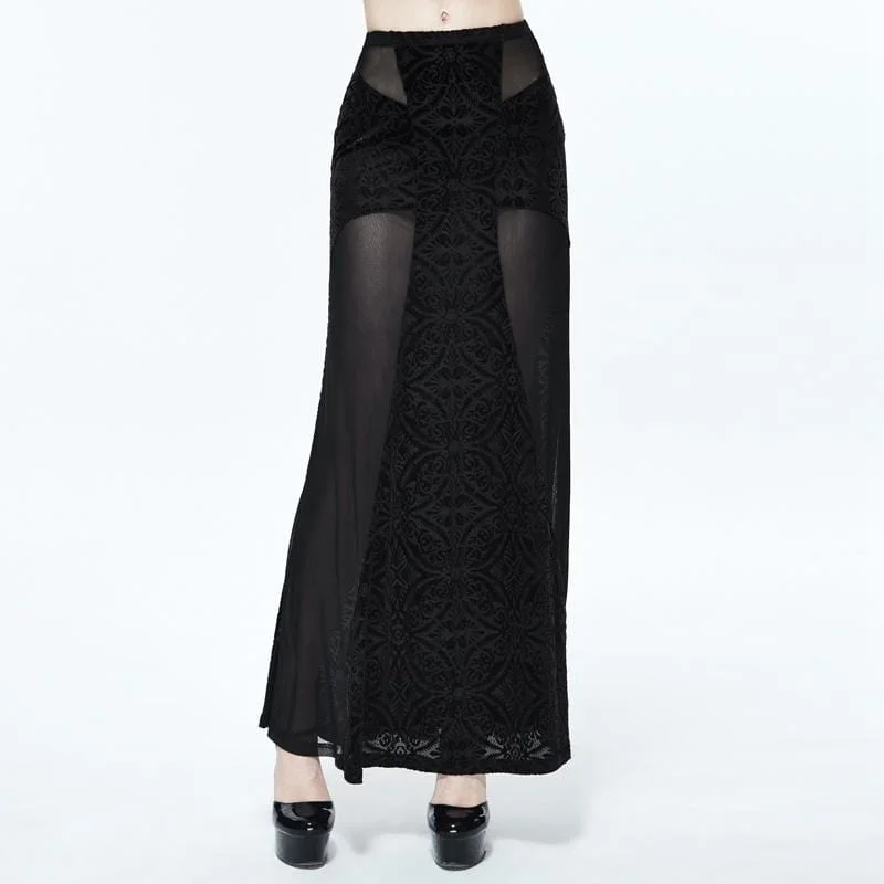 Women's Long Punk Skirt With Sheer Net Panels button skirt front