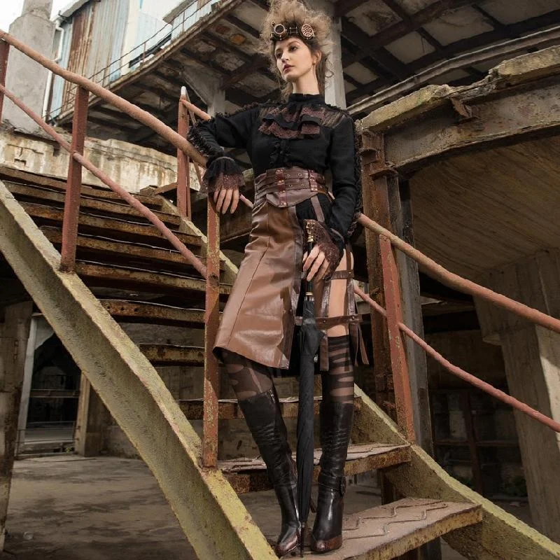 Women's Steampunk Faux Leather Half Skirt velvet skirt rich