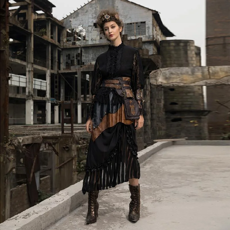 Women's Tiered Faux Leather and Net Steampunk Skirt button skirt front