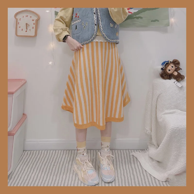 Yellow Striped  Skirt  PL52507 modal blend skirt